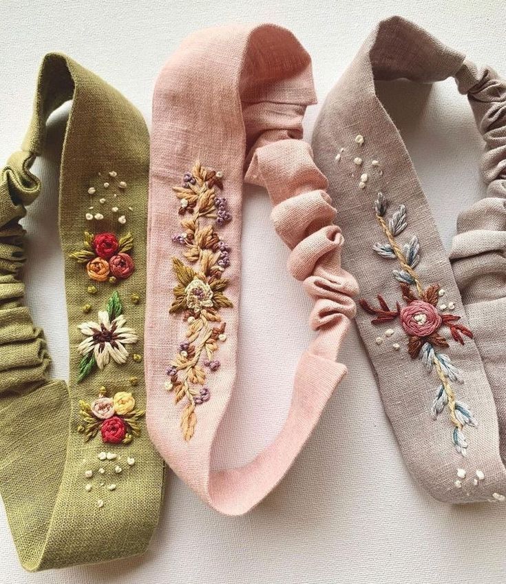 Hand-Embroidered Floral Linen Headbands / Hairbands