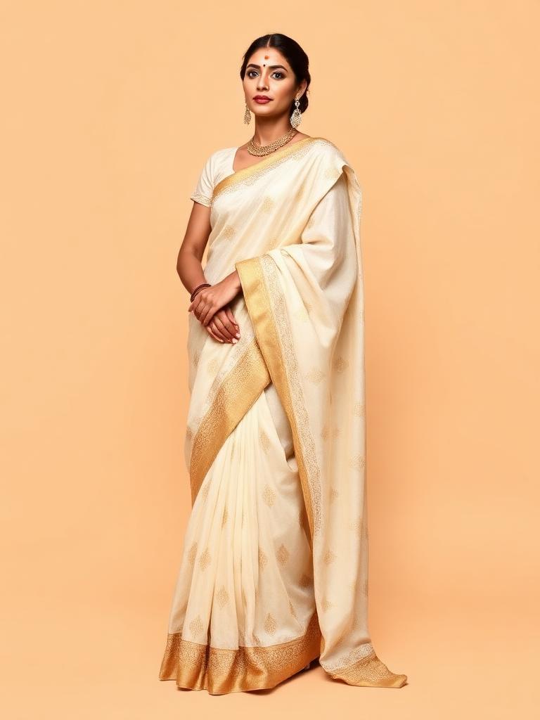Ivory Chikan Saree with Gold Border