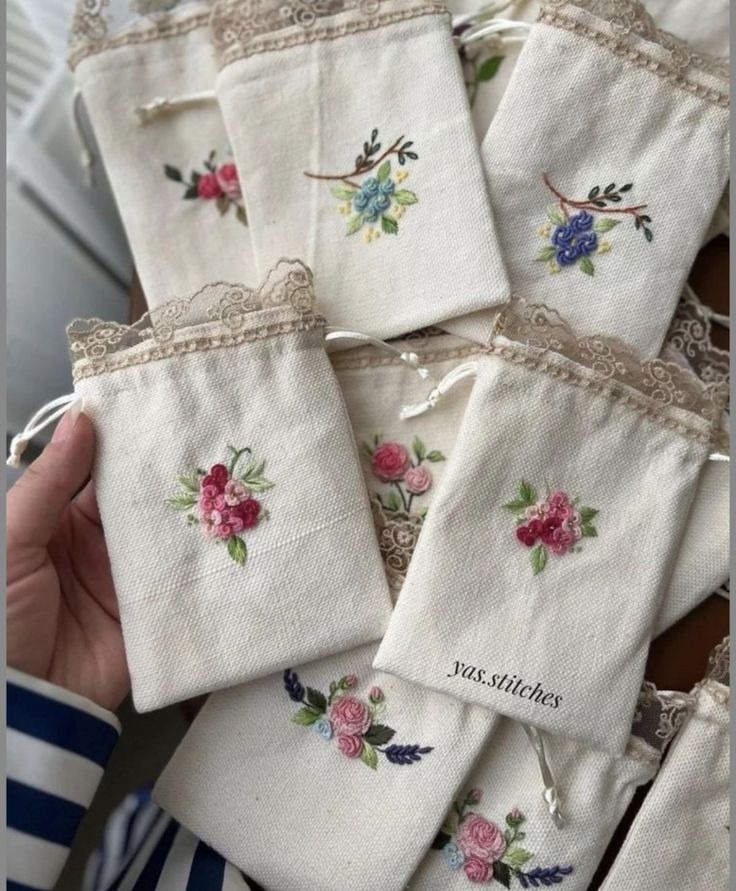 Hand-Embroidered Floral Drawstring Pouches / Potli Pouches